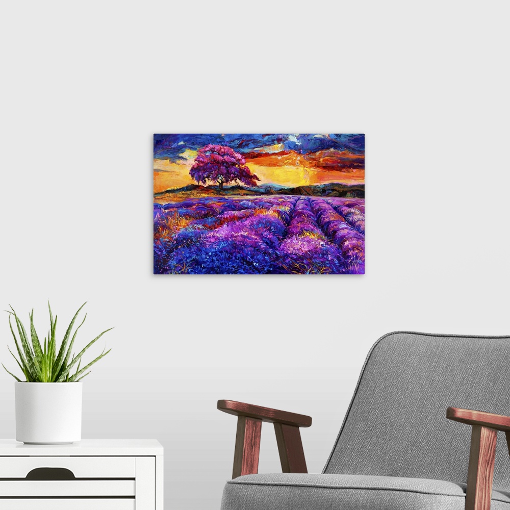 A modern room featuring Originally an oil painting of lavender fields on canvas. Sunset landscape. Modern impressionism.