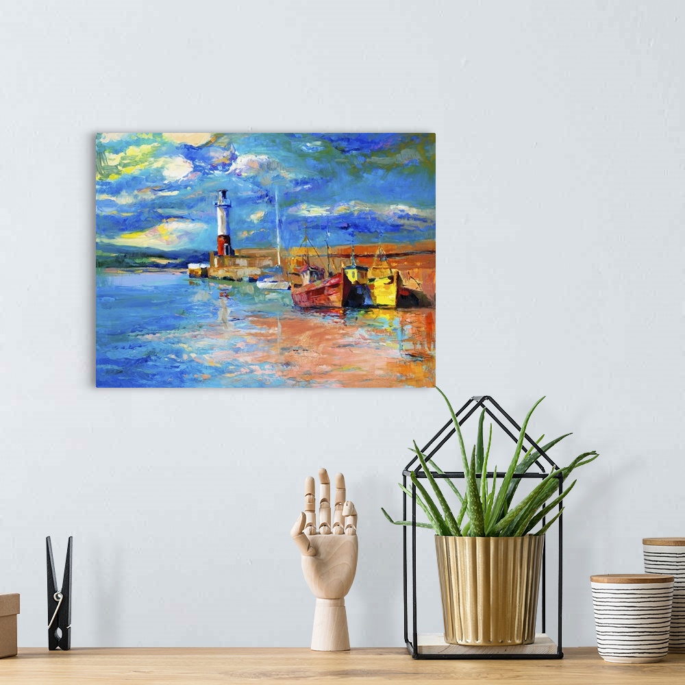 A bohemian room featuring Originally an oil painting of lighthouse and boats on canvas. Rich golden sunset over ocean. Mode...
