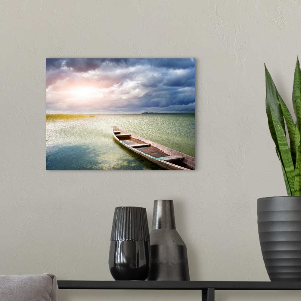 A modern room featuring Lonely Boat On Lake