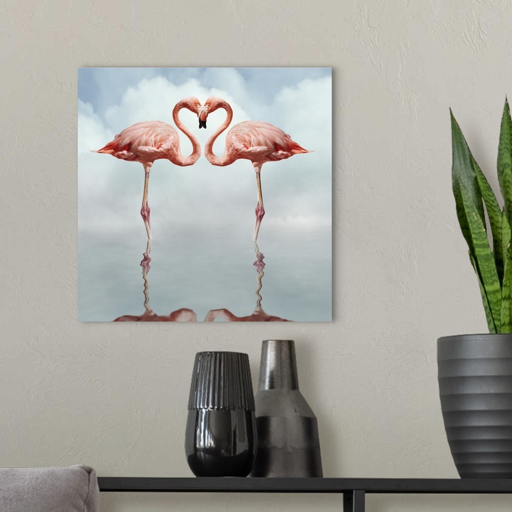 A modern room featuring Pink flamingos making a heart shape in reflection pond.