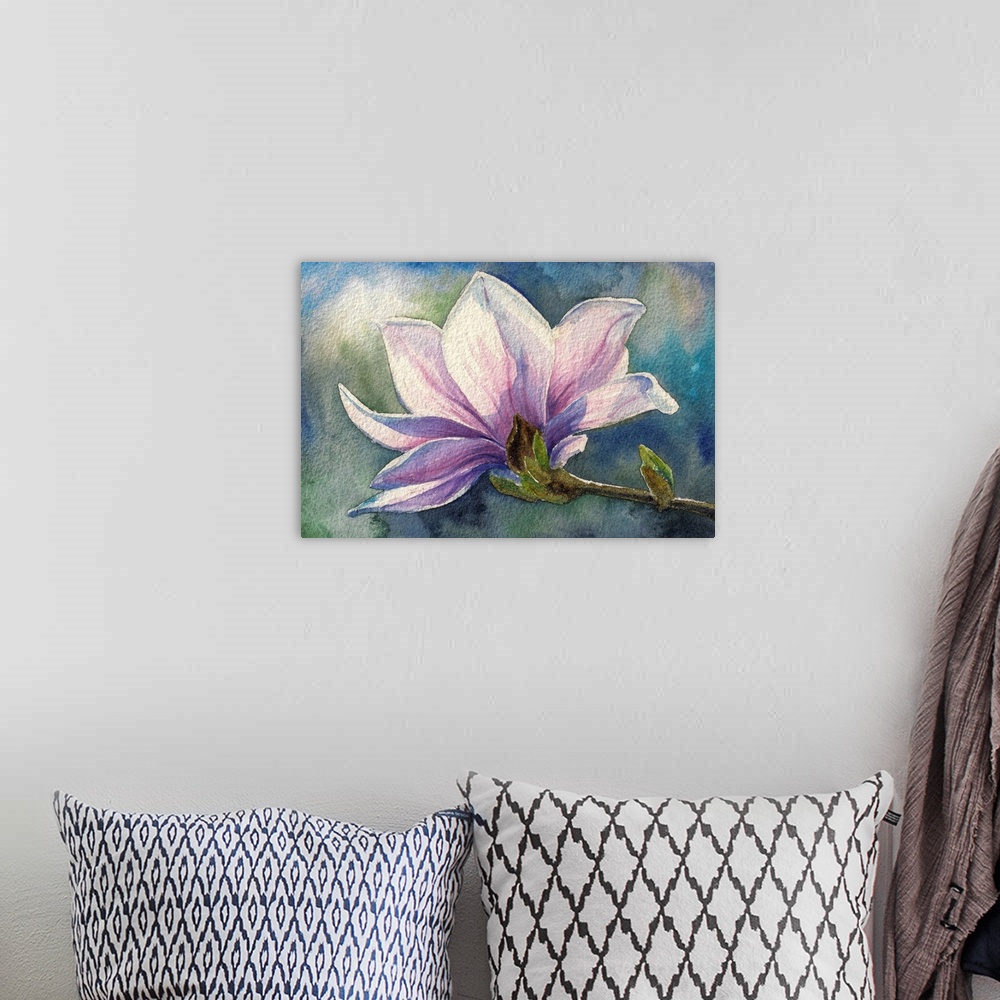 A bohemian room featuring Magnolia blossom on branch. Originally created with watercolors.