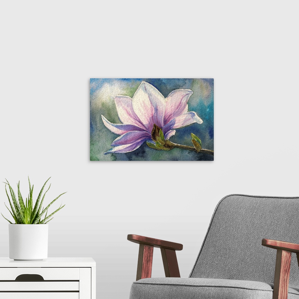A modern room featuring Magnolia blossom on branch. Originally created with watercolors.