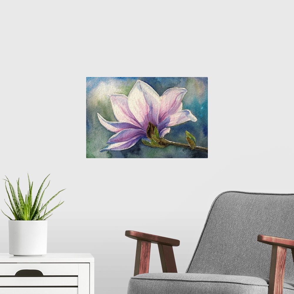 A modern room featuring Magnolia blossom on branch. Originally created with watercolors.