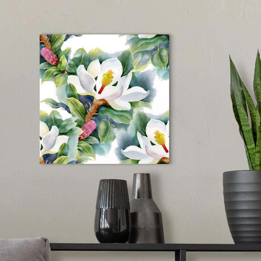 A modern room featuring Magnolias pattern on white background.