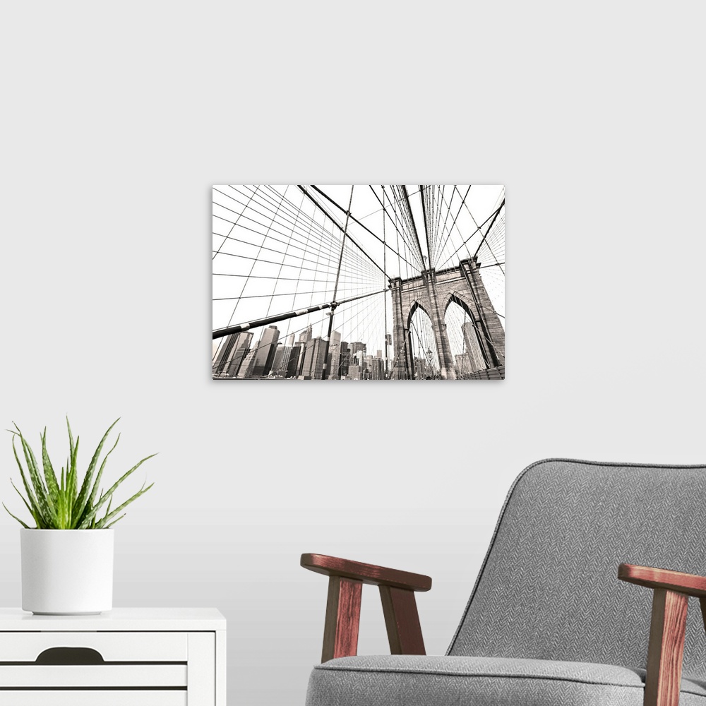 A modern room featuring Manhattan bridge, New York city, USA.