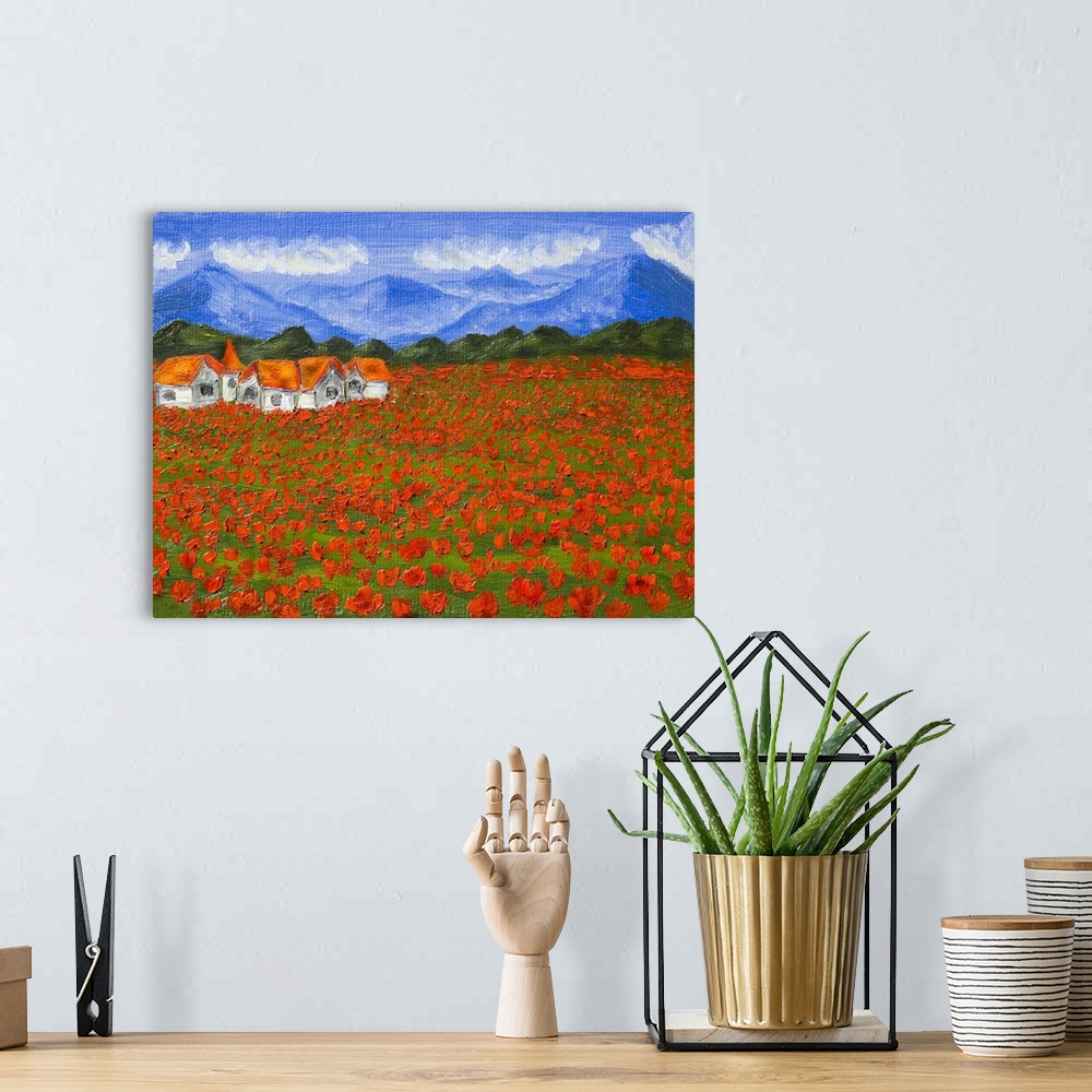 A bohemian room featuring Originally hand painted illustration, oil painting of a summer landscape - meadow with red poppie...