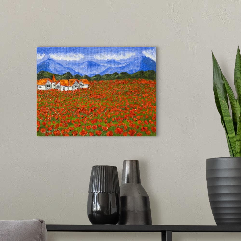 A modern room featuring Originally hand painted illustration, oil painting of a summer landscape - meadow with red poppie...