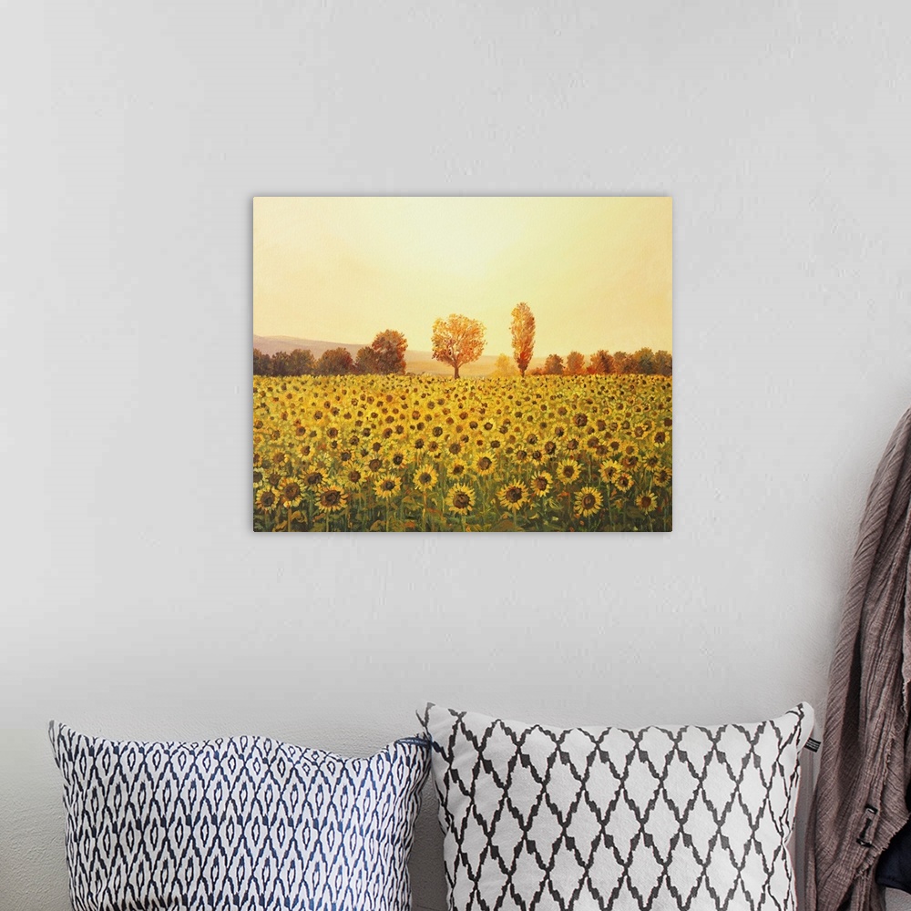 A bohemian room featuring Sunflower field at sunset.