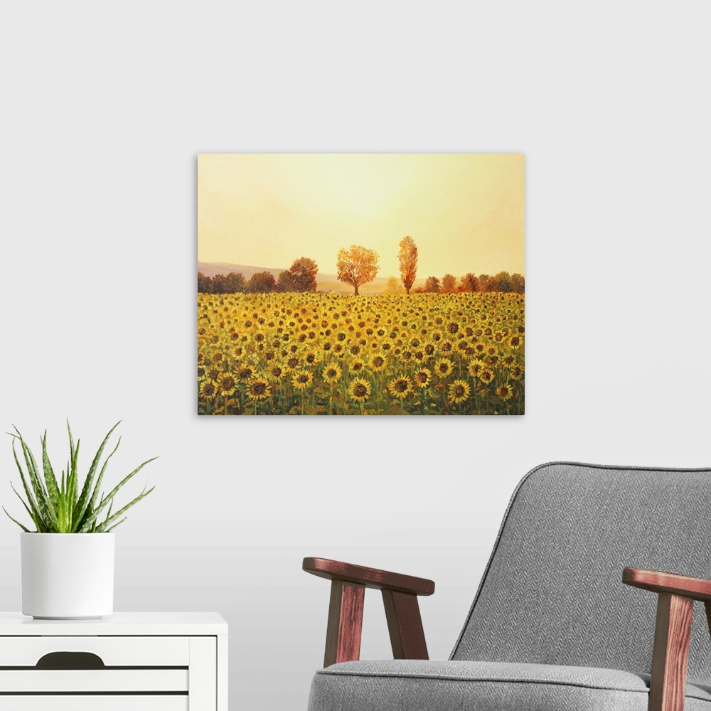 A modern room featuring Sunflower field at sunset.