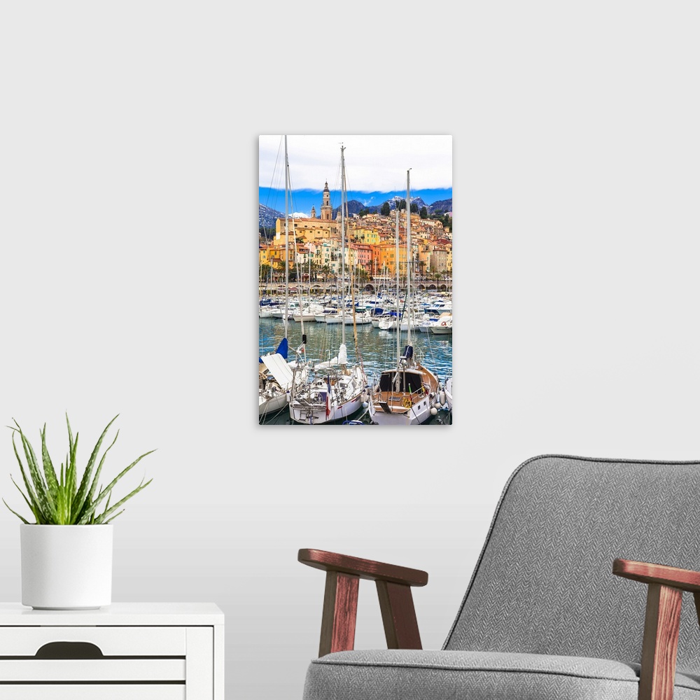 A modern room featuring Beautiful Menton town, south of France.