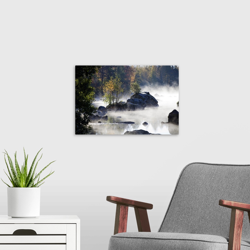 A modern room featuring Misty morning by the lake in autumn.