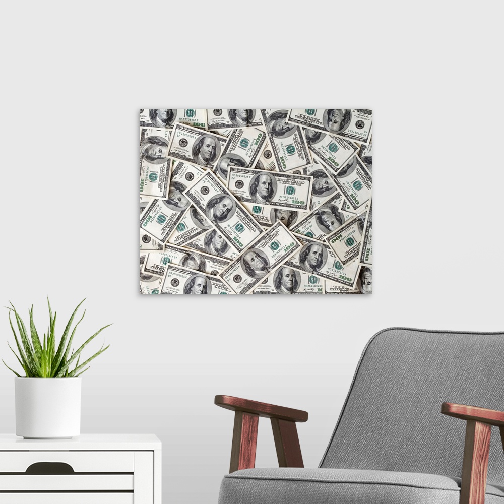A modern room featuring Hundred dollar bills.