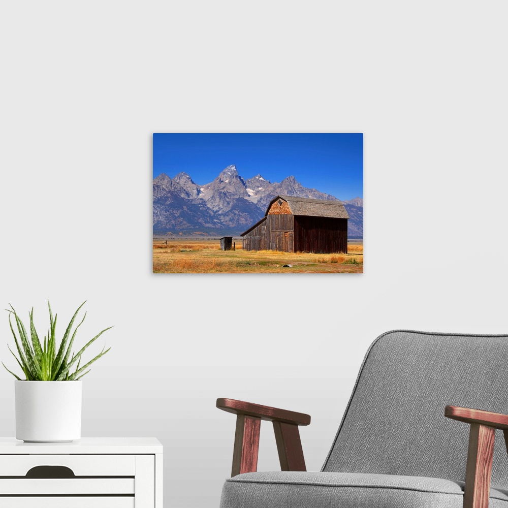 A modern room featuring Mormon row barns in grand Tetons national park.