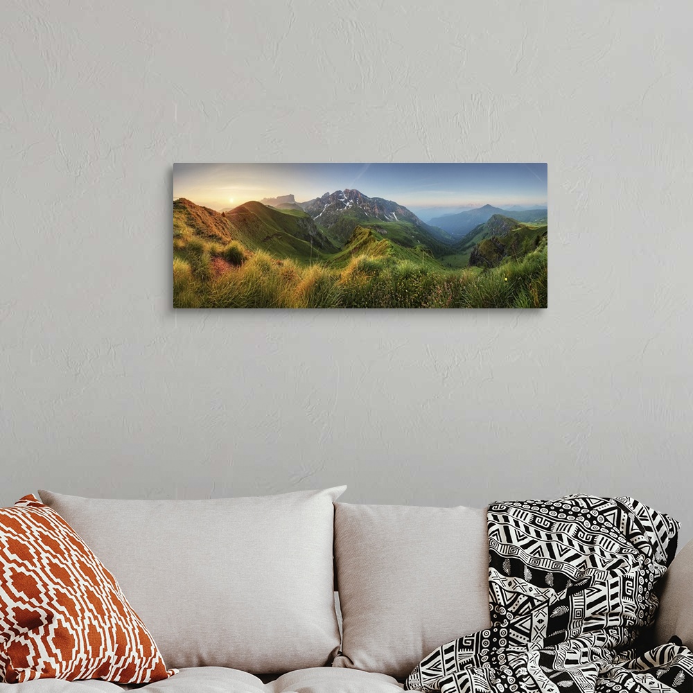 A bohemian room featuring Mountain sunrise panorama in Dolomites, Passo Giau.