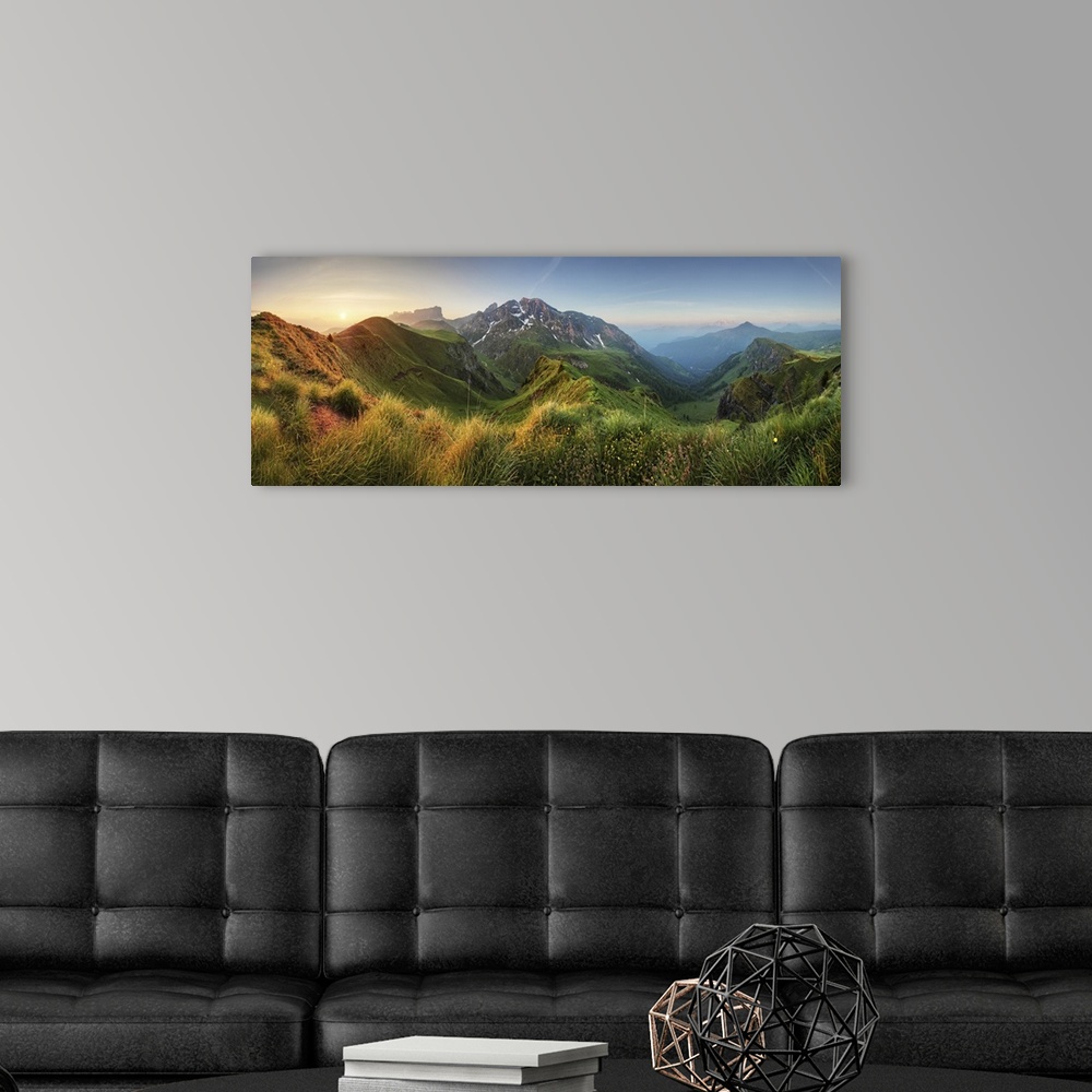 A modern room featuring Mountain sunrise panorama in Dolomites, Passo Giau.