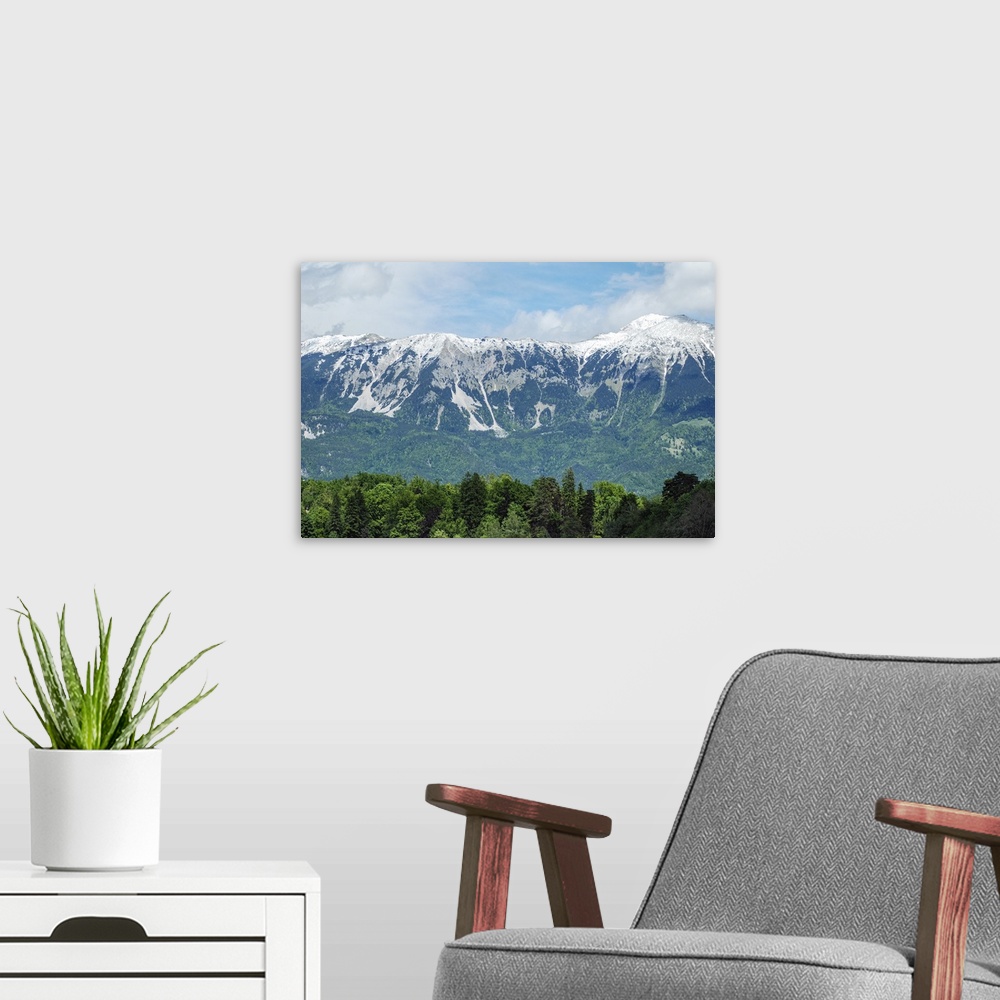 A modern room featuring Mountains landscape with blue sky and snow.