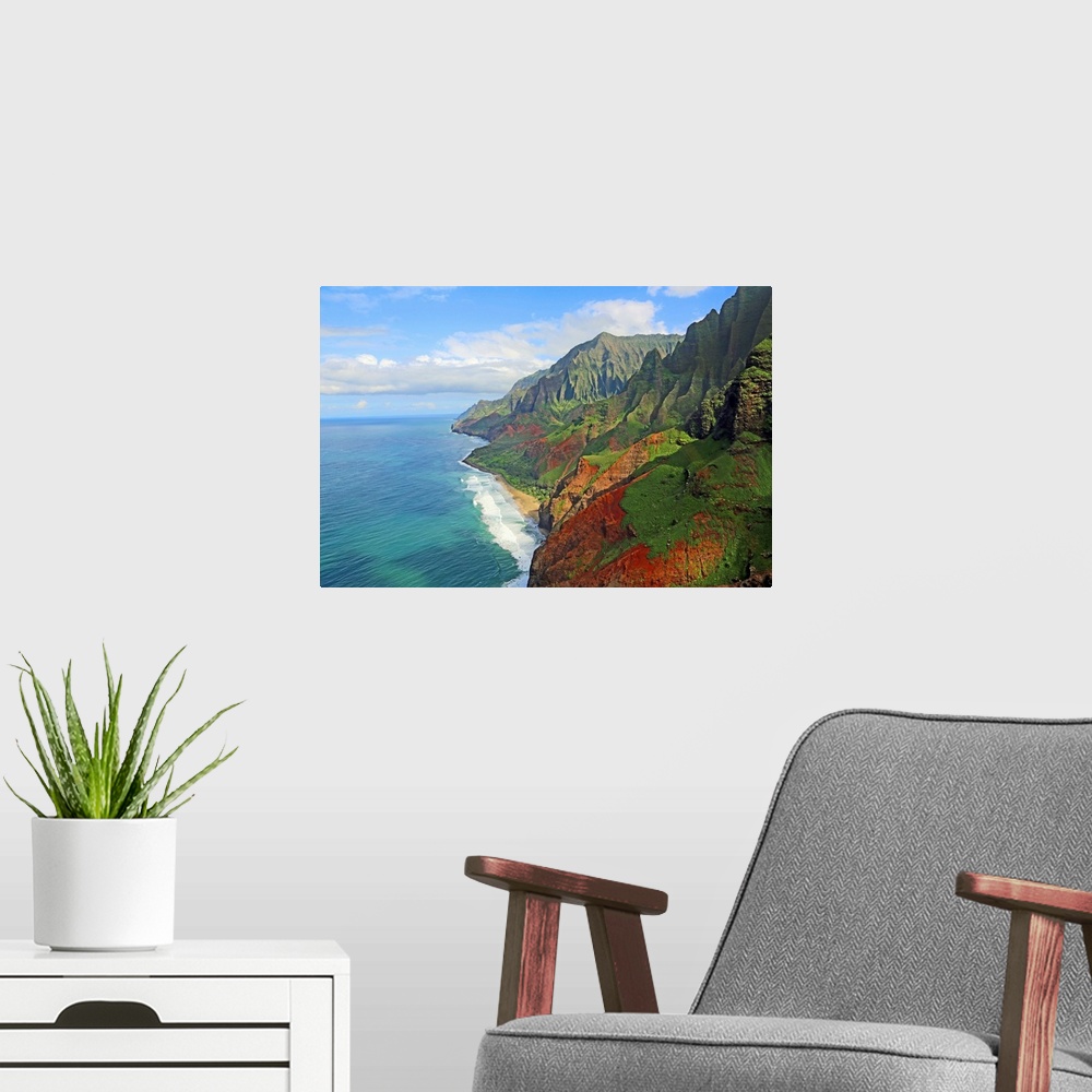 A modern room featuring View at Na Pali coast from helicopter, Kauai, Hawaii.