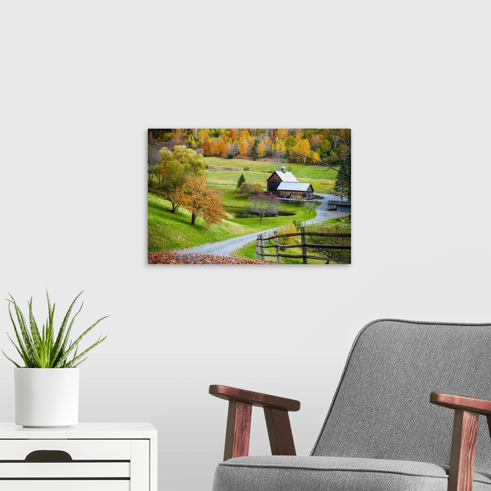 A modern room featuring Fall foliage, New England countryside at Woodstock, Vermont, farm in autumn landscape. Old wooden...