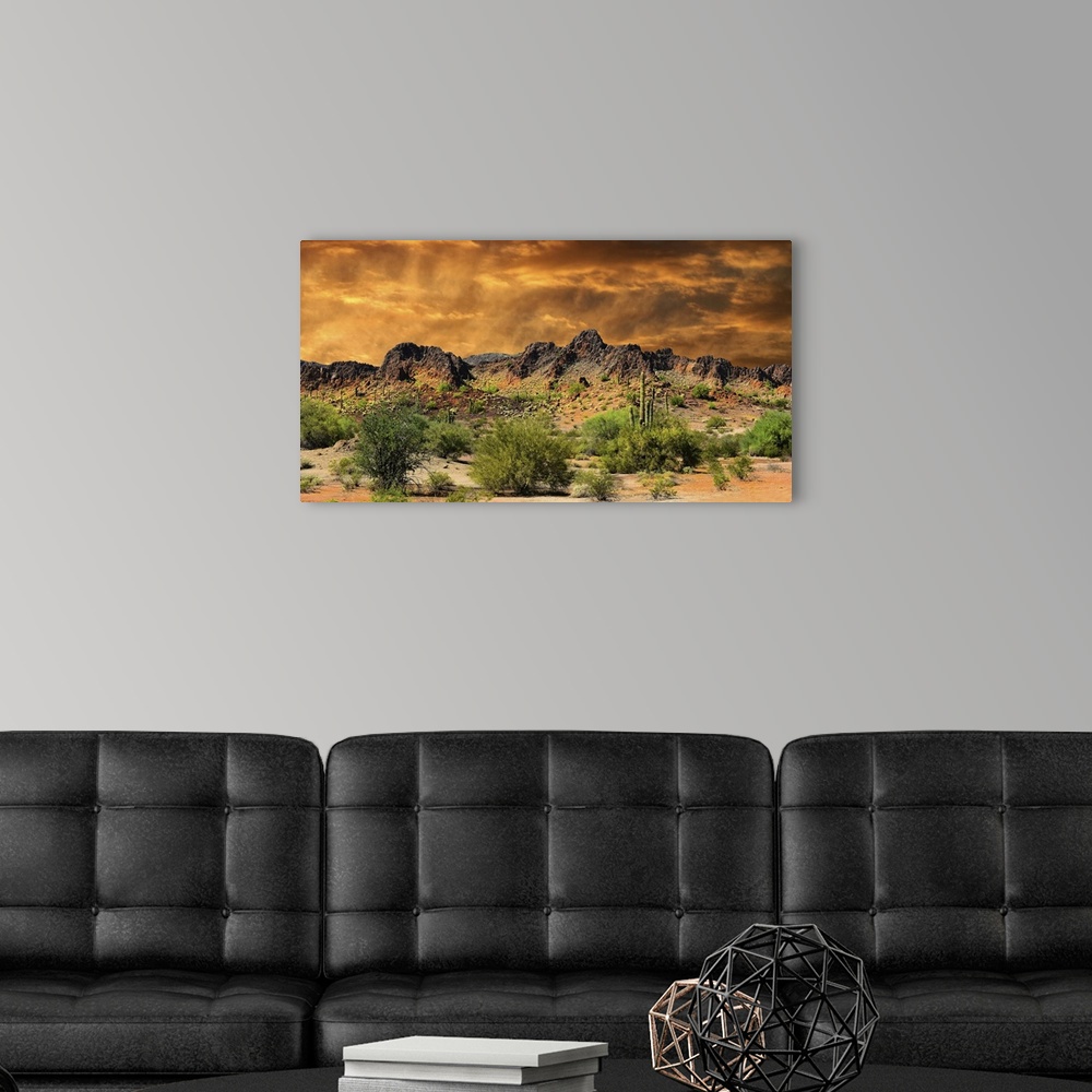 A modern room featuring Beautiful all natural image of cloud formations and rocky mountains near the border of New Mexico...