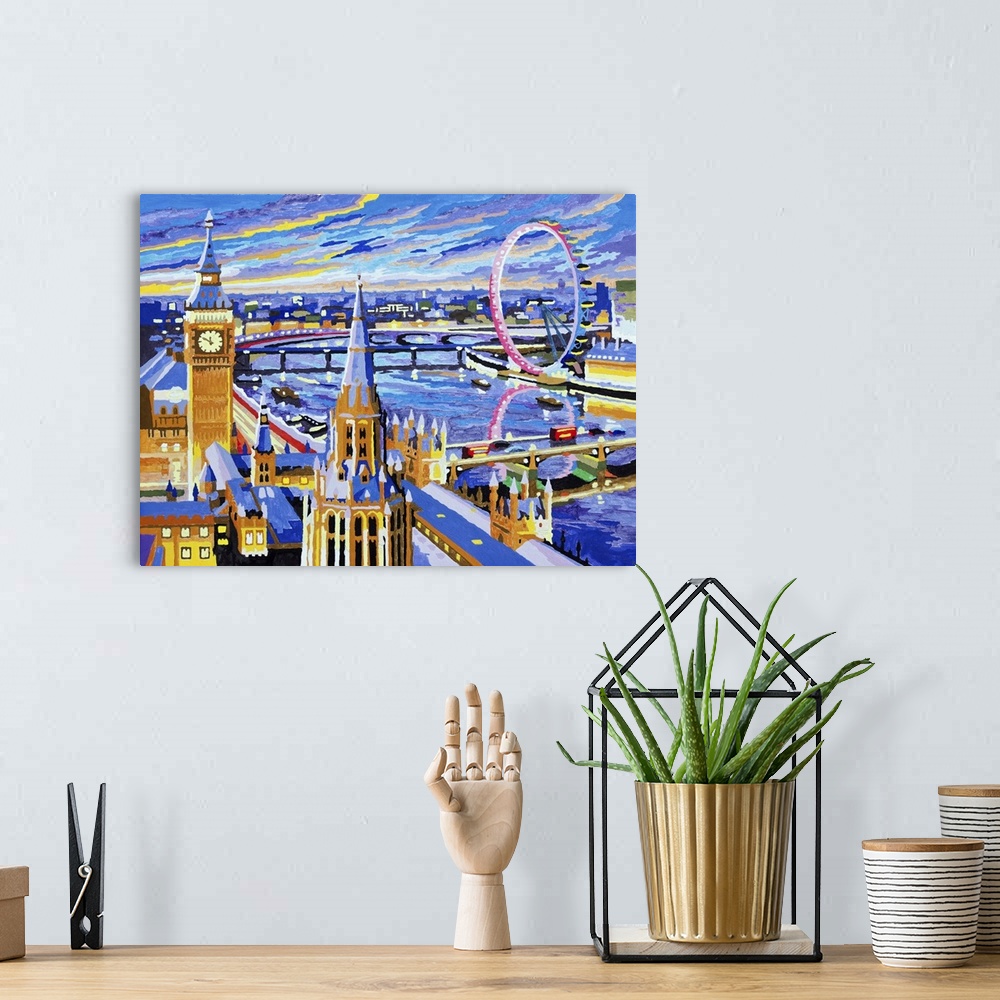 A bohemian room featuring Romantic summer night in London. Originally an Acrylic painting on canvas. The Thames river, big ...