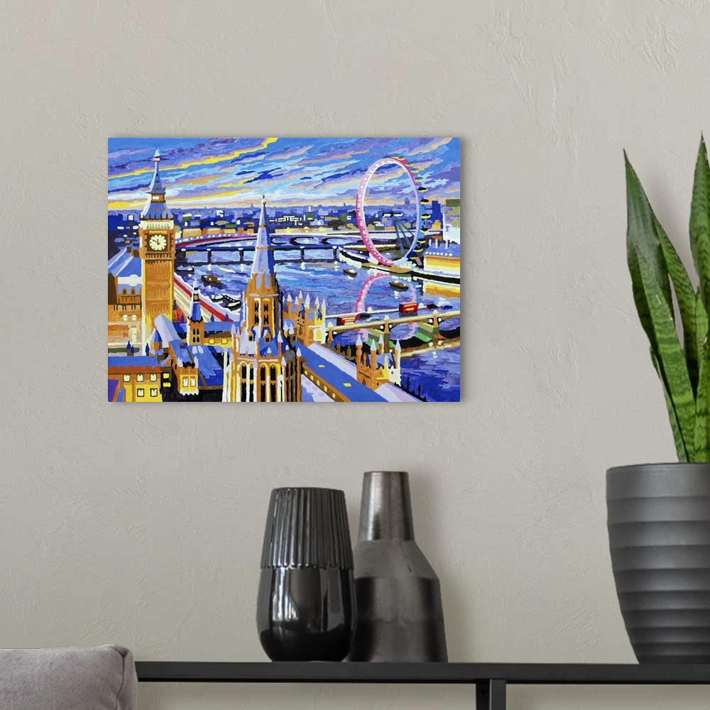 A modern room featuring Romantic summer night in London. Originally an Acrylic painting on canvas. The Thames river, big ...