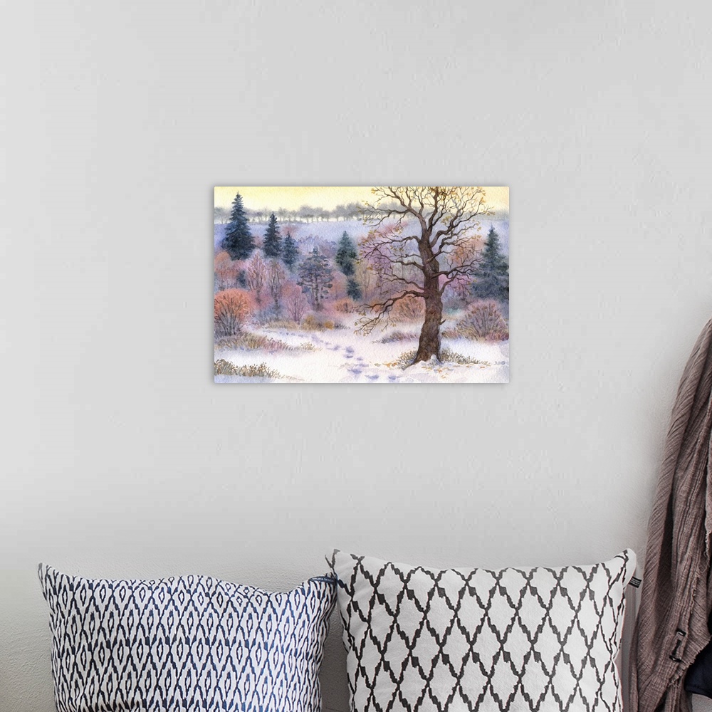 A bohemian room featuring Watercolor landscape of an old tall oak in a forest clearing in the winter snow valley.