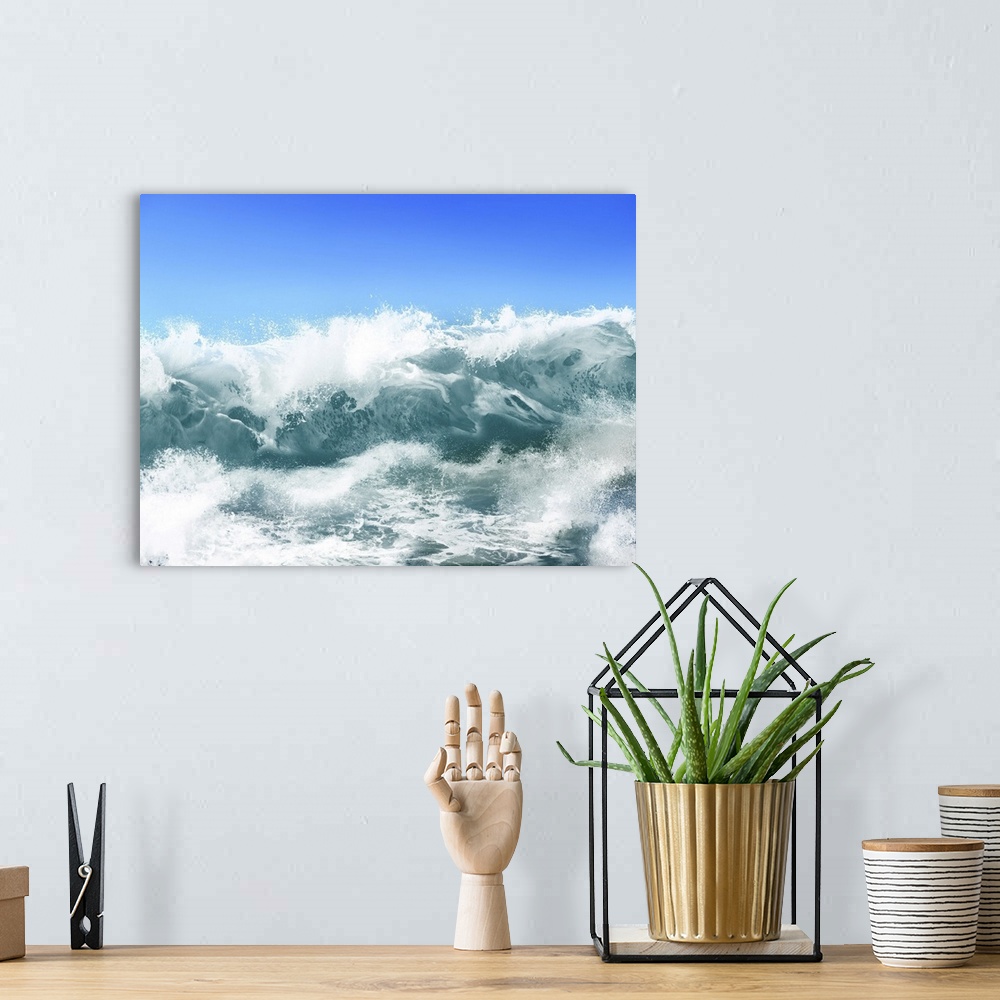 A bohemian room featuring White ocean waves on blue sky background - computer illustration.