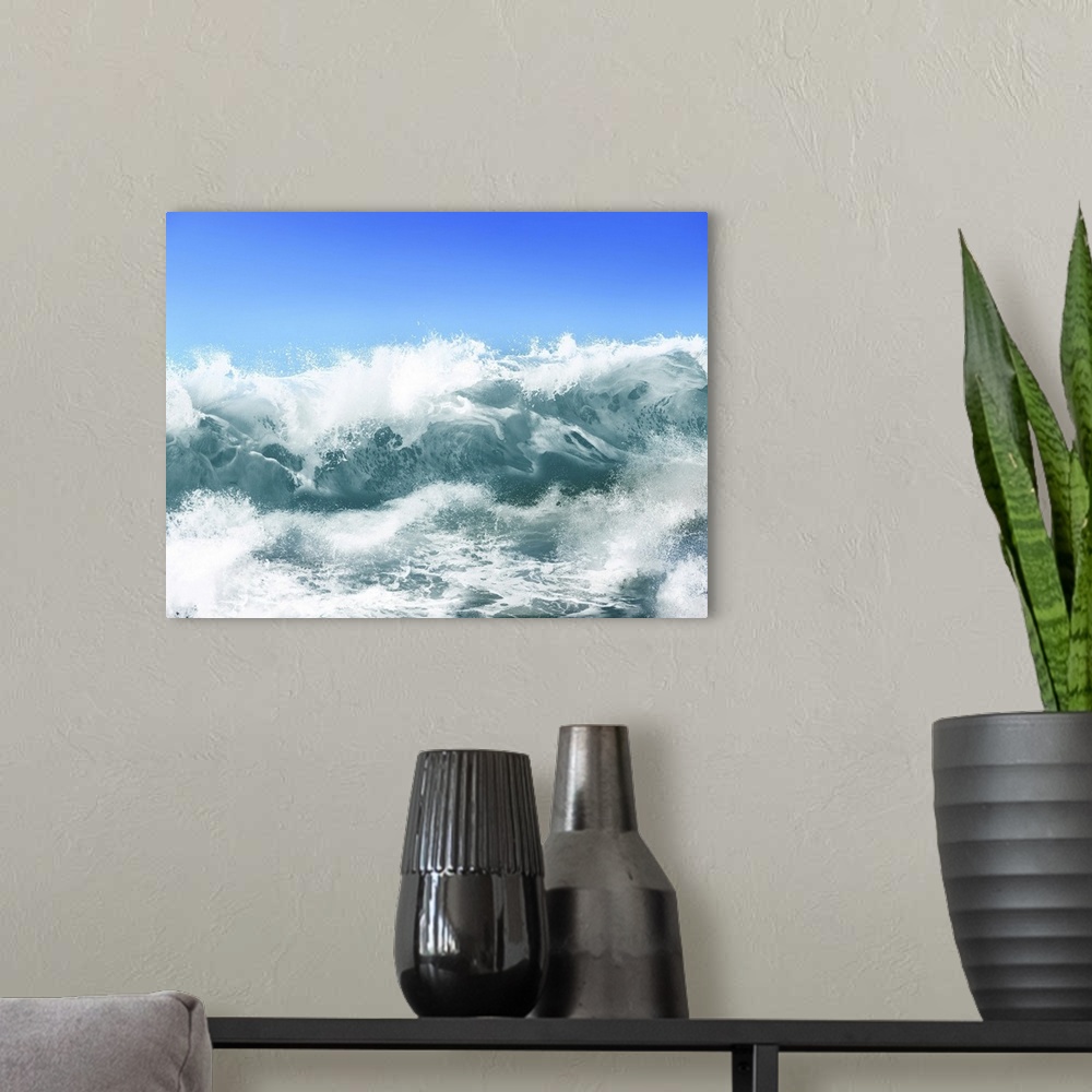 A modern room featuring White ocean waves on blue sky background - computer illustration.