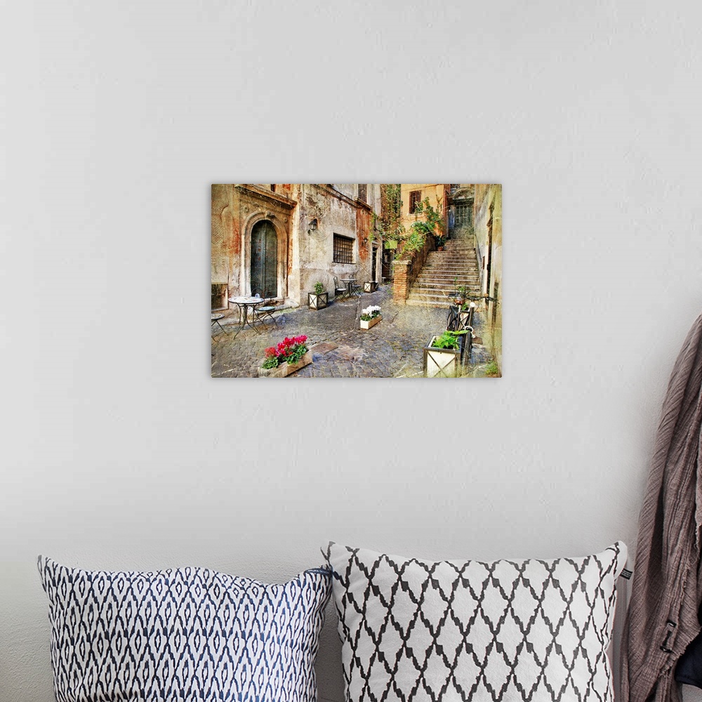 A bohemian room featuring Old streets of Italy, retro picture.