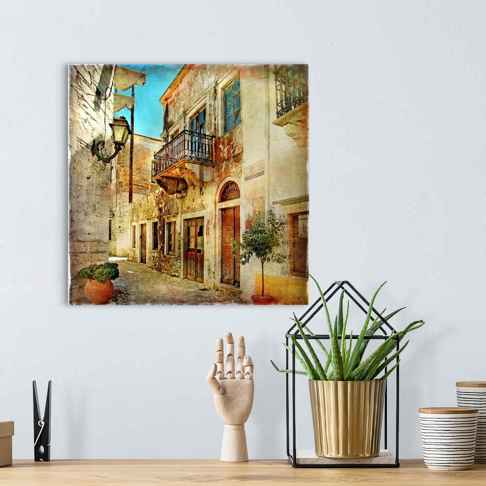 A bohemian room featuring Old pictorial streets of Greece - artistic picture.