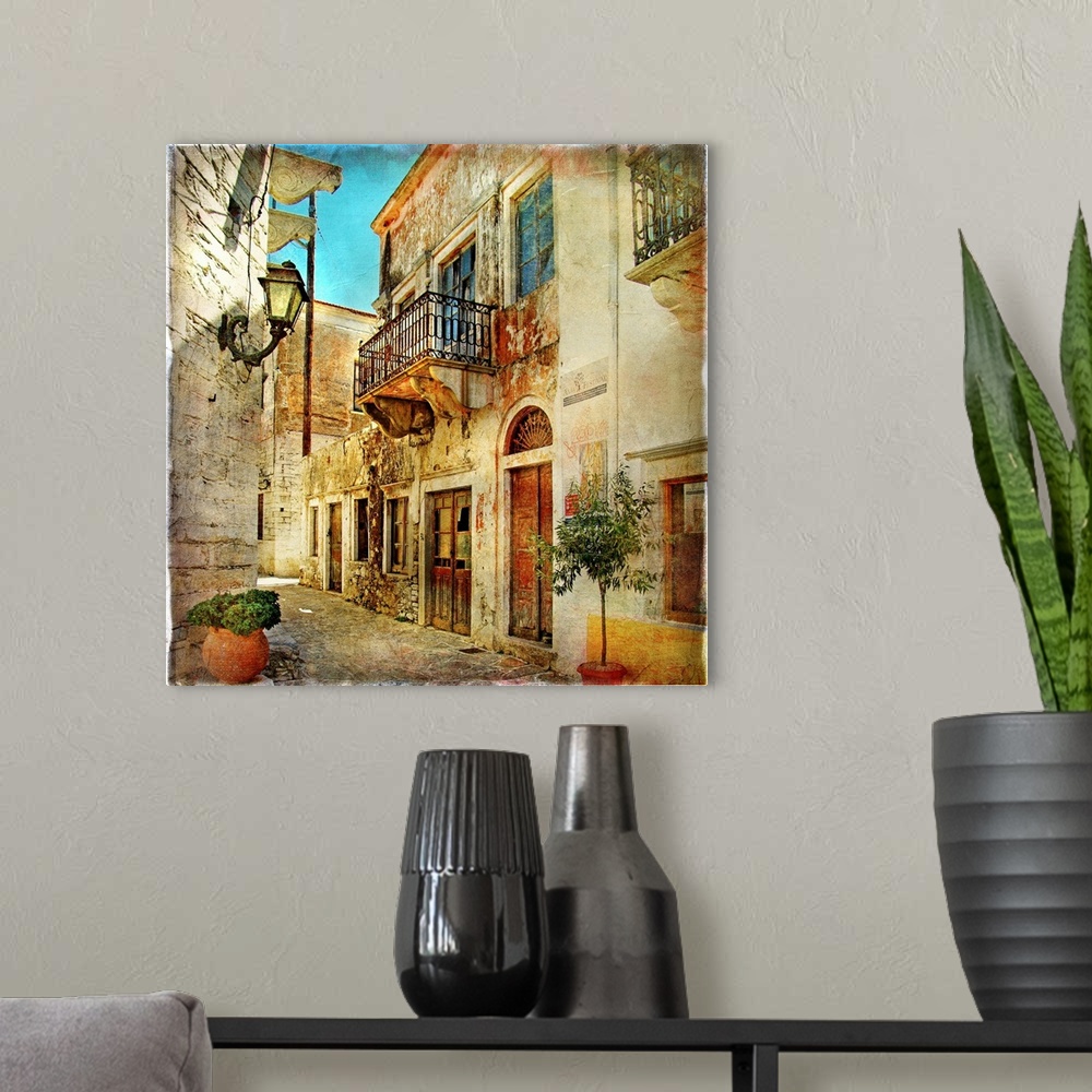 A modern room featuring Old pictorial streets of Greece - artistic picture.