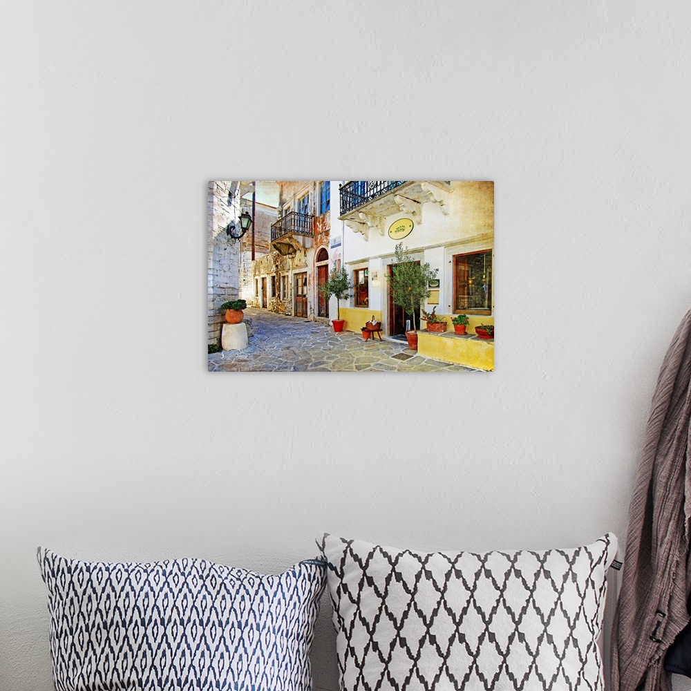 A bohemian room featuring Old pictorial streets of Greece - retro picture.