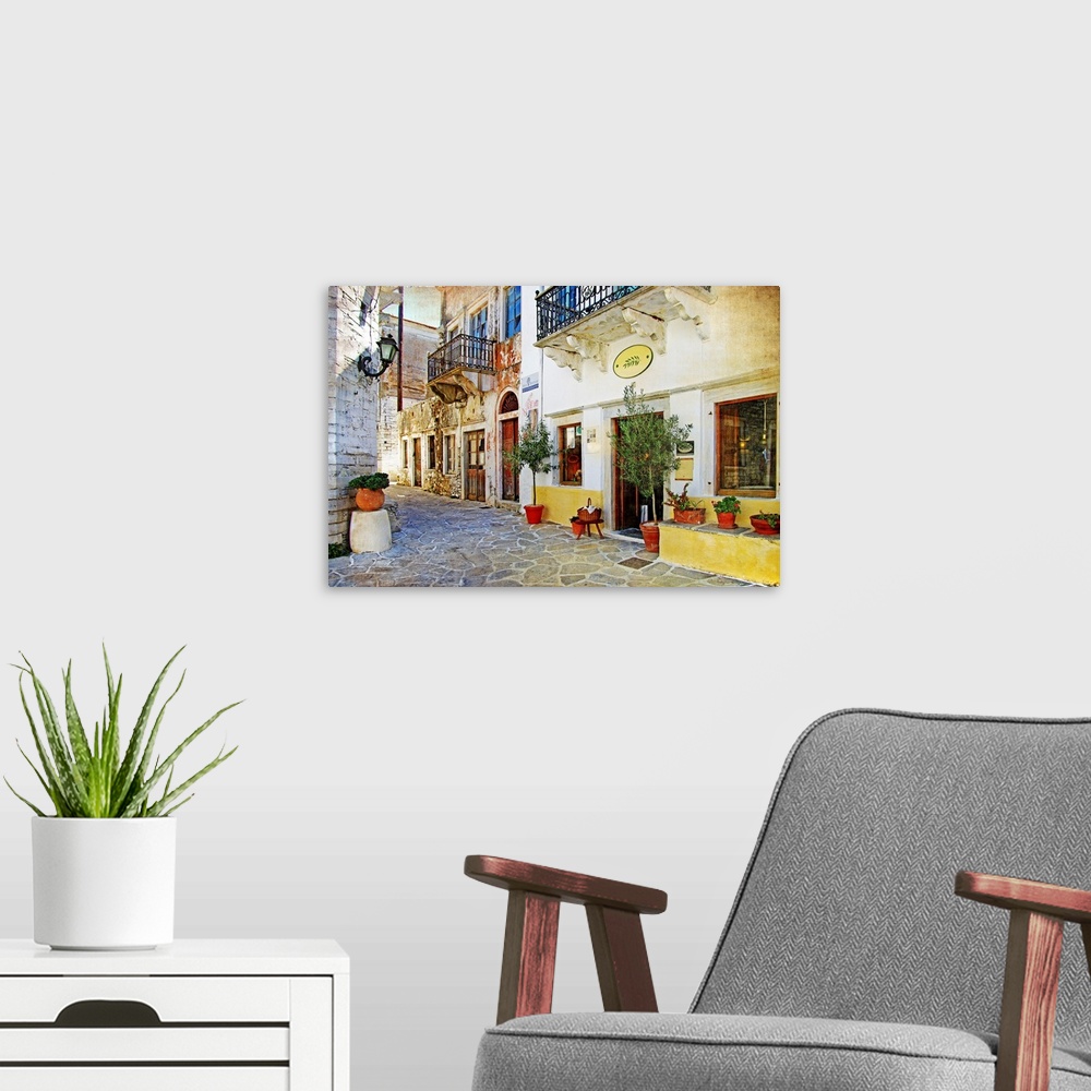 A modern room featuring Old pictorial streets of Greece - retro picture.