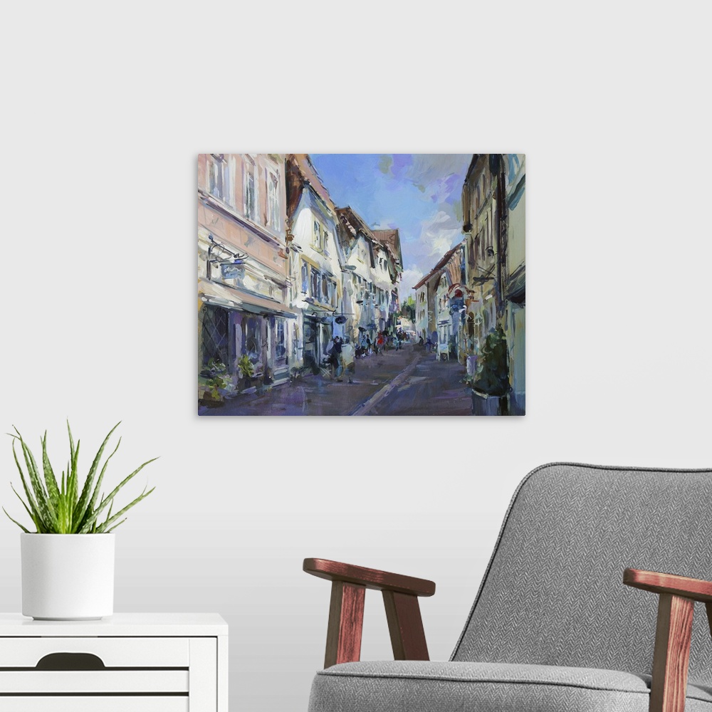 A modern room featuring Old town landscape, originally acrylic paints on hardboard.