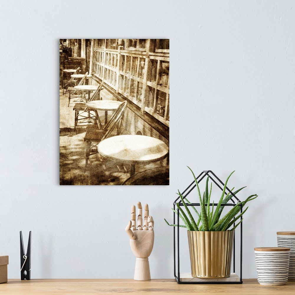 A bohemian room featuring Outdoor cafe photo in vintage image style.