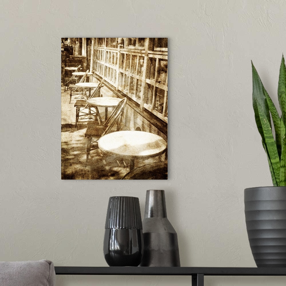 A modern room featuring Outdoor cafe photo in vintage image style.