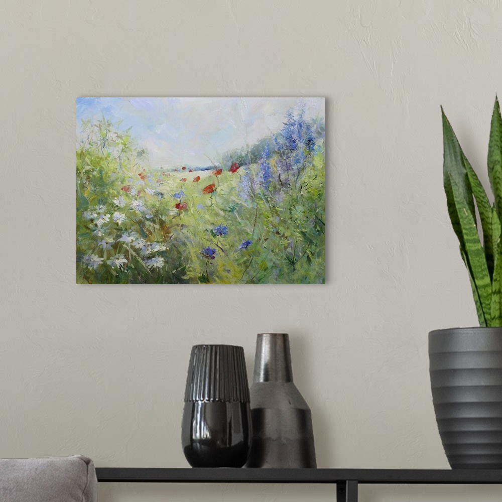 A modern room featuring Red poppies and white marguerites on a summer meadow, originally acrylics on canvas.