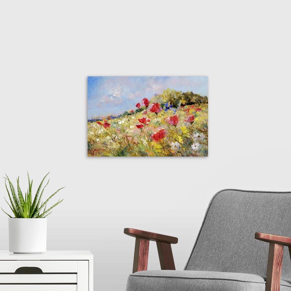A modern room featuring Red poppies and white marguerites on a summer meadow.