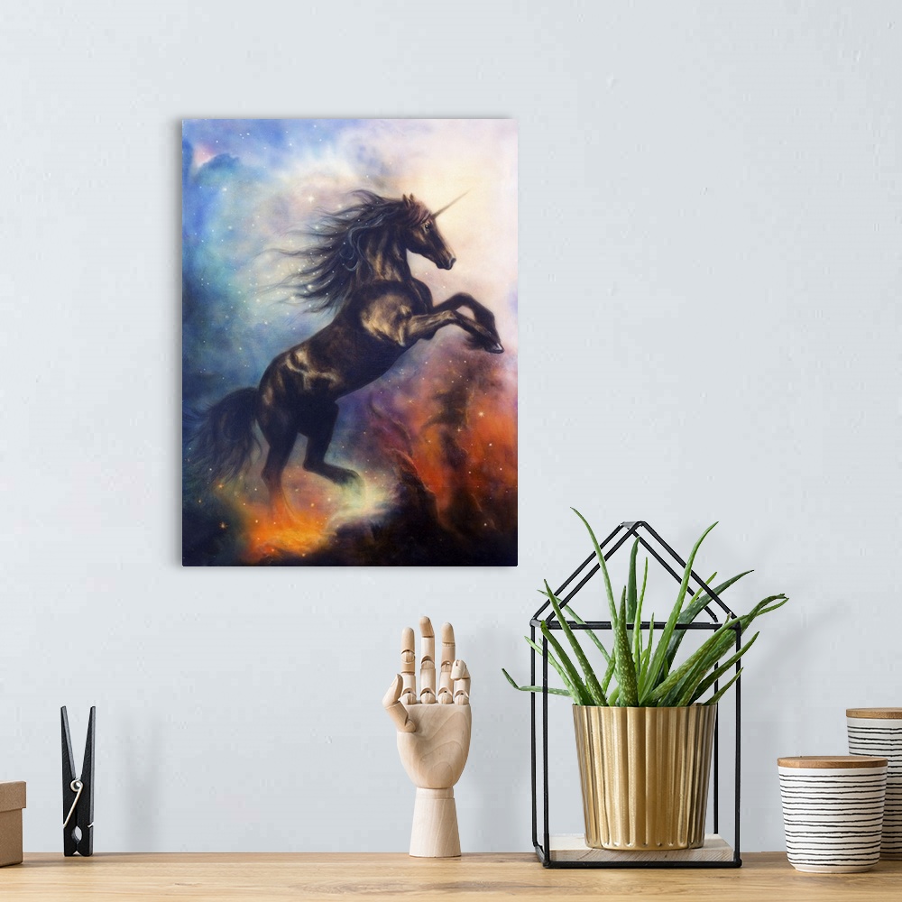 A bohemian room featuring Painting of a black unicorn dancing in space.