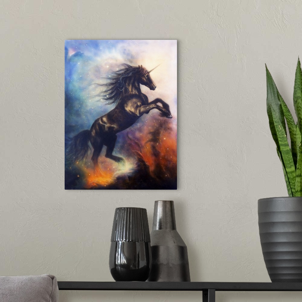 A modern room featuring Painting of a black unicorn dancing in space.