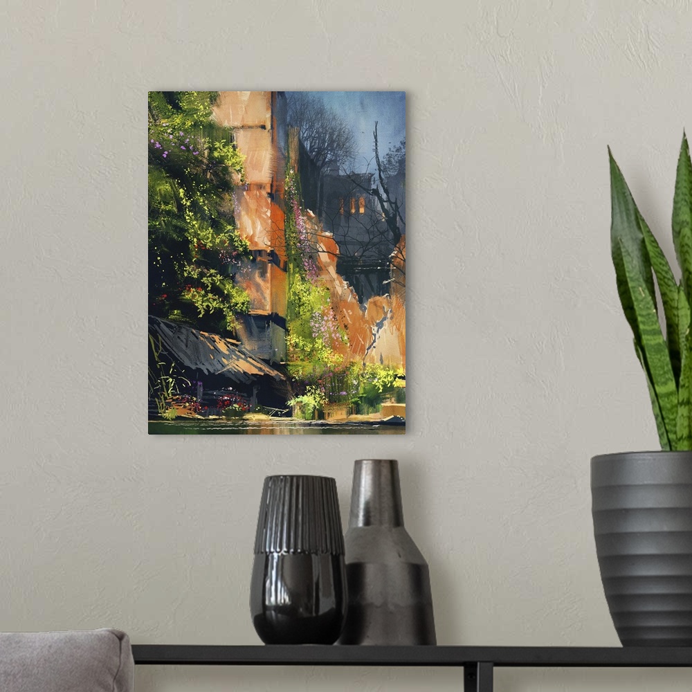 A modern room featuring Originally a digital painting of abandoned building covered with vegetation.