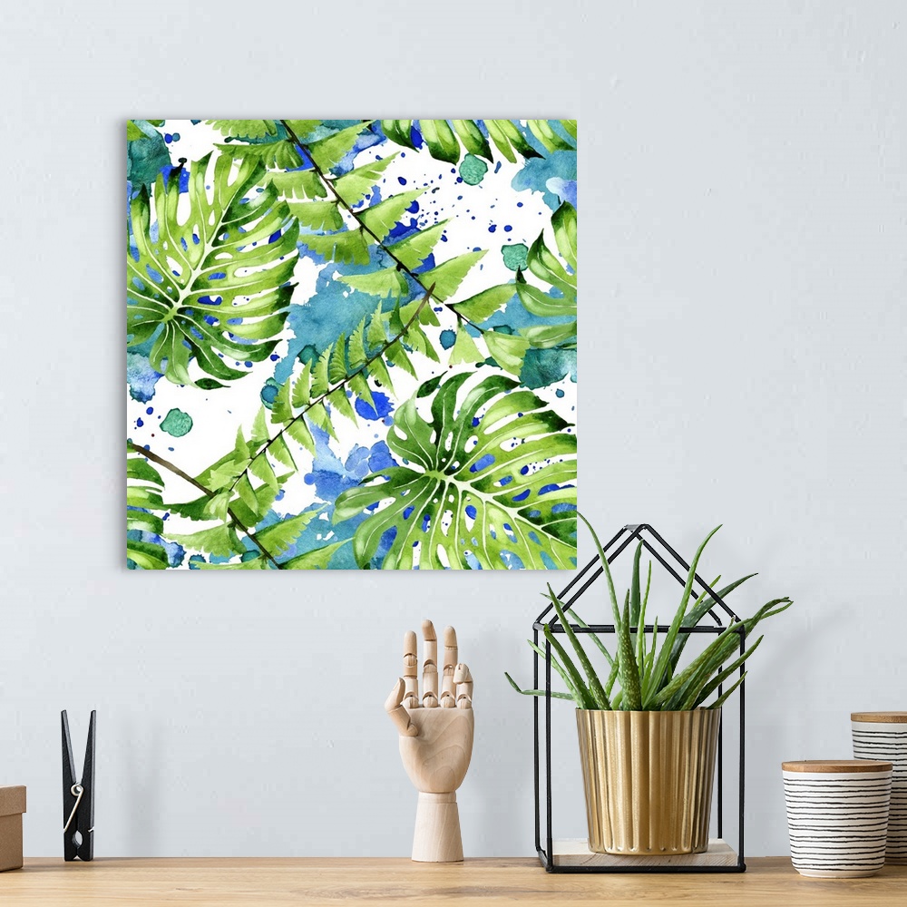 A bohemian room featuring Exotic tropical Hawaiian summer. Palm beach, tree and leaves.