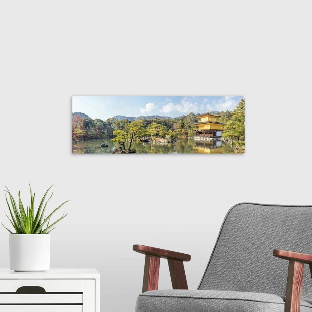 A modern room featuring Panorama of golden pavilion Kinkakuji temple in Kyoto, Japan.