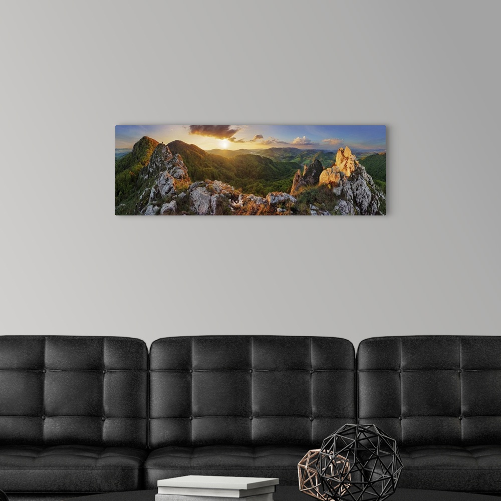 A modern room featuring Panorama mountain landscape at sunset, Slovakia, Vrsatec.