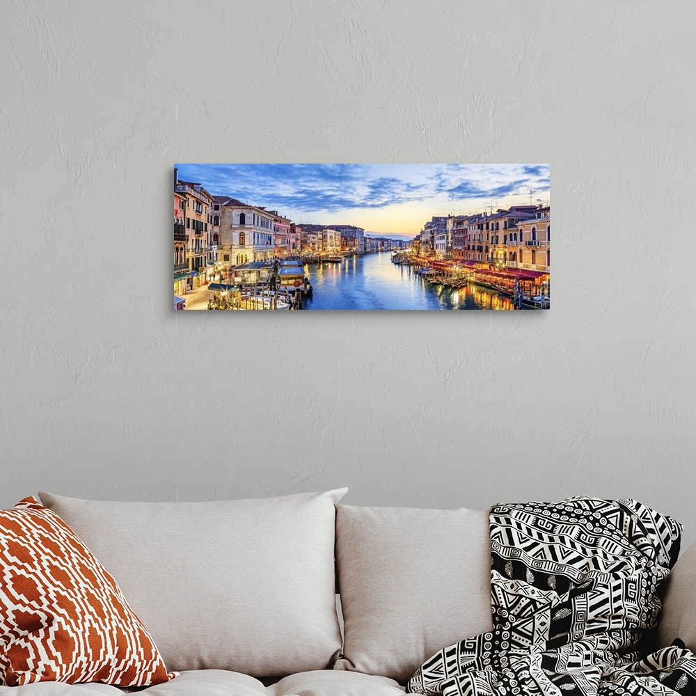 A bohemian room featuring Panoramic view of the famous grand canal at sunset, Venice.