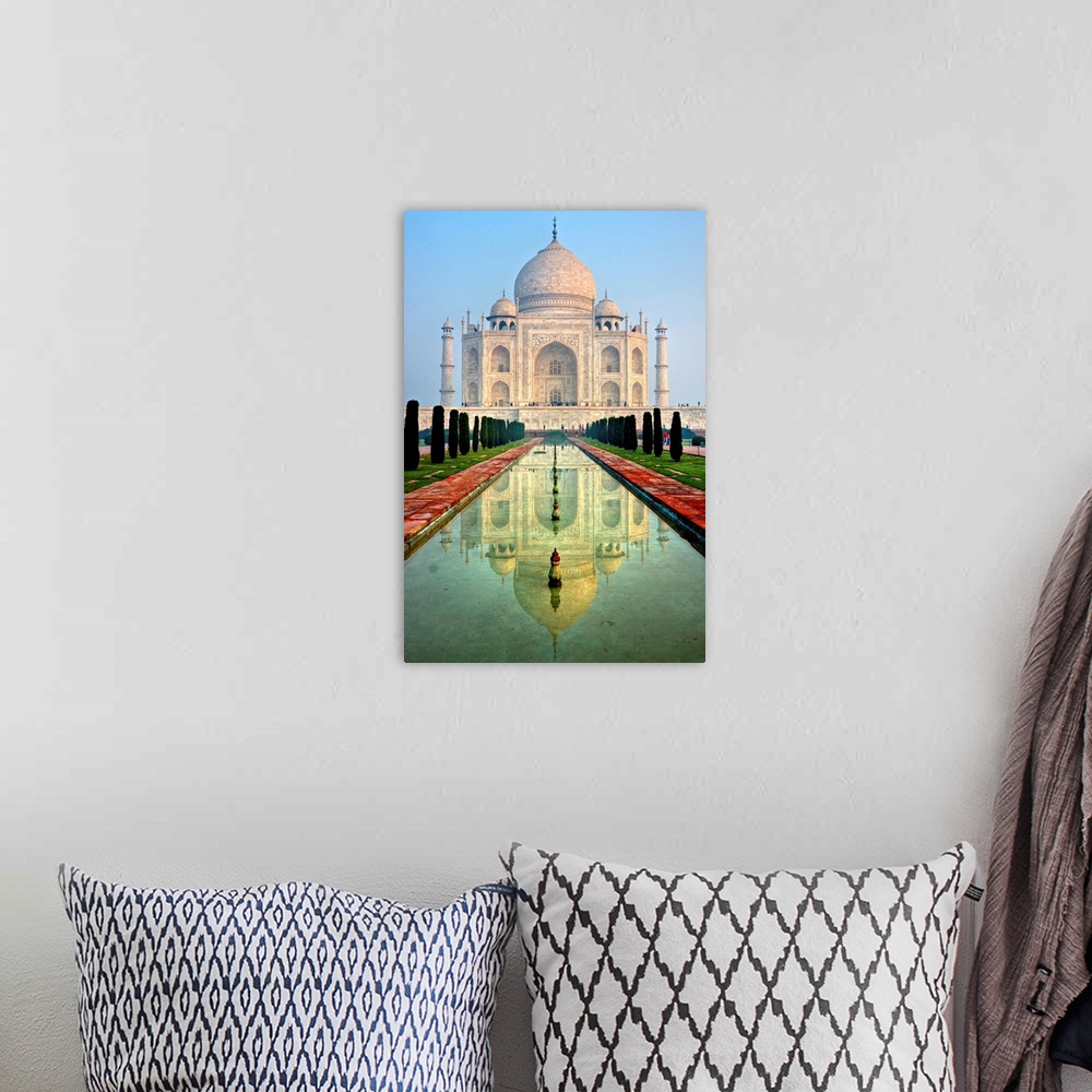 A bohemian room featuring Panoramic view of Taj Mahal at sunrise, Agra, Uttar Pradesh, India.