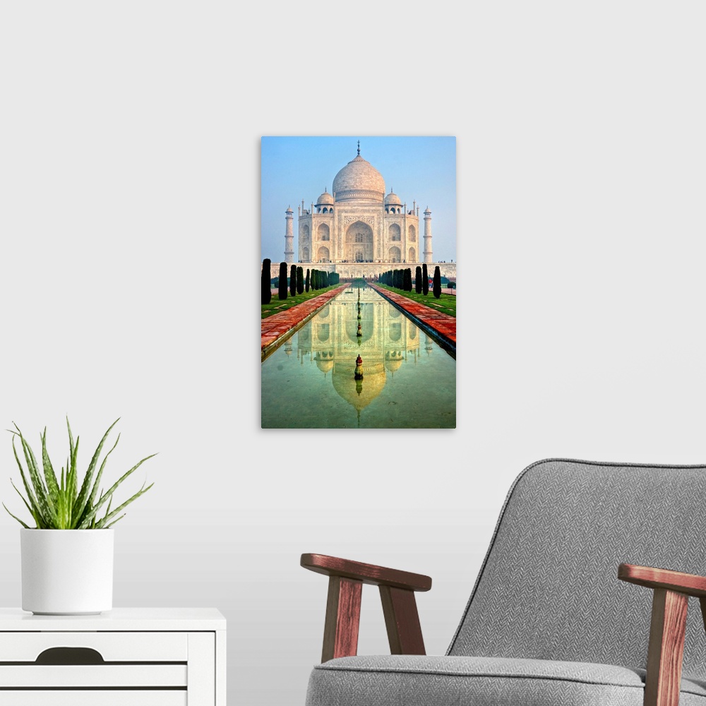 A modern room featuring Panoramic view of Taj Mahal at sunrise, Agra, Uttar Pradesh, India.