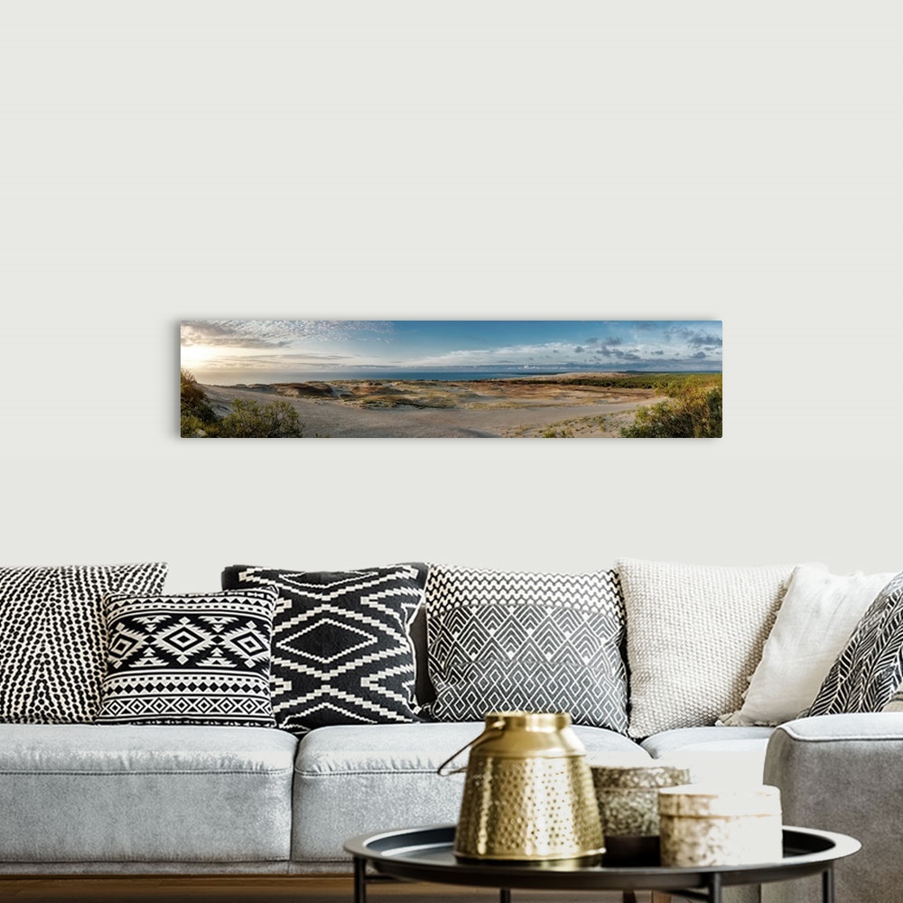 A bohemian room featuring Panoramic view over dunes and Baltic sea. Panorama of Curonian spit, Nida, Lithuania.