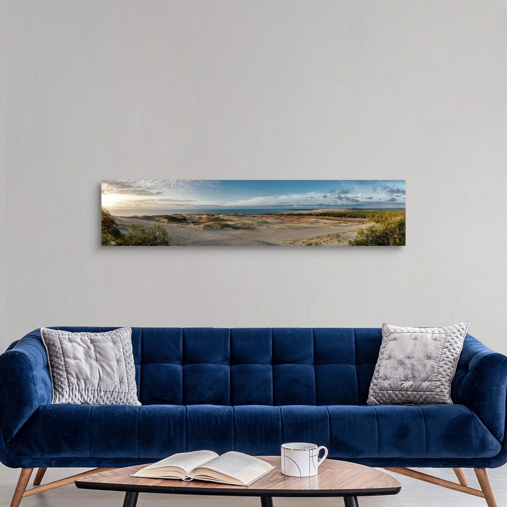 A modern room featuring Panoramic view over dunes and Baltic sea. Panorama of Curonian spit, Nida, Lithuania.