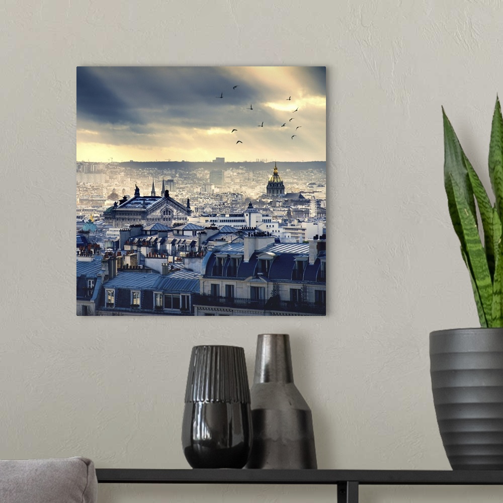 A modern room featuring Paris cityscape taken from Montmartre.
